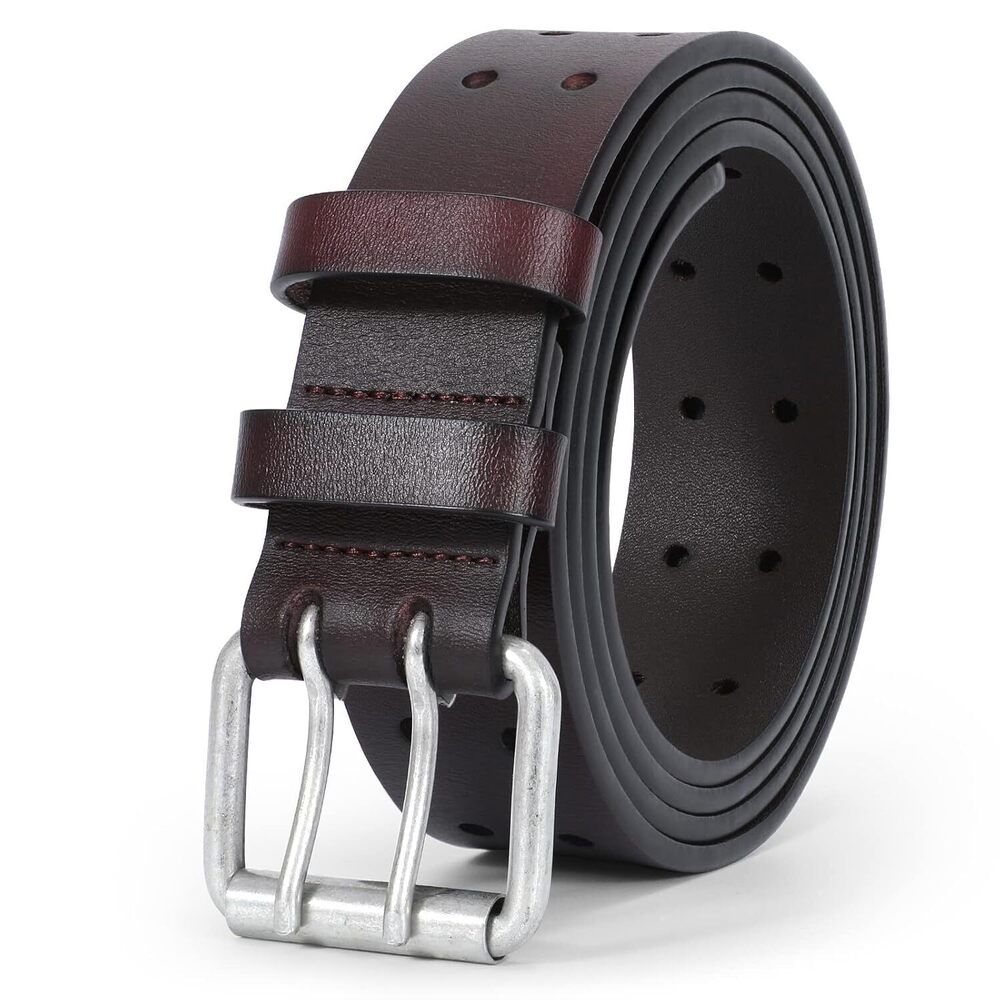 Double Prong Belt for Men, Mens Casual PU Leather Belt Work Belts for